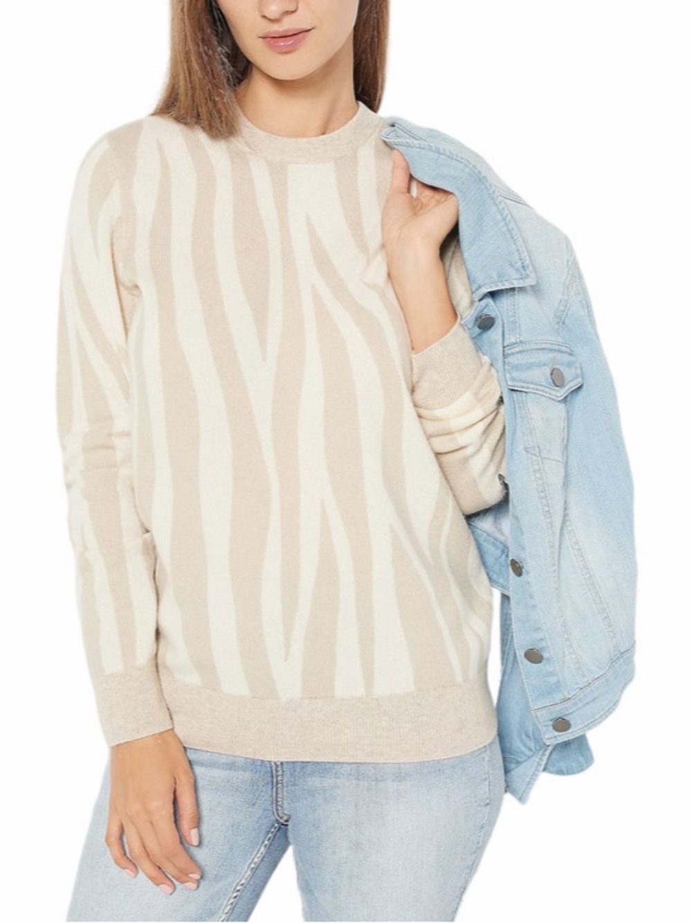 Soft by Naadam 100% Cashmere Zebra Printed Pullover Sweater Cream Size XL